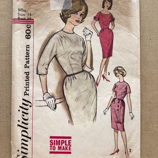 Simplicity 4022 / Slim Dress with Kimono Sleeves / Size 14 Bust 34 / 60s Vintage Sewing Pattern