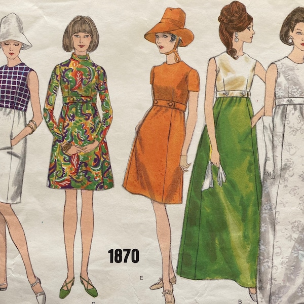 1960s Vogue's Basic Design 1870 High-Waisted A-line Dress, Evening Dress, Bridal Party Dress, Size 8 Bust 31.5 Vintage Sewing Pattern