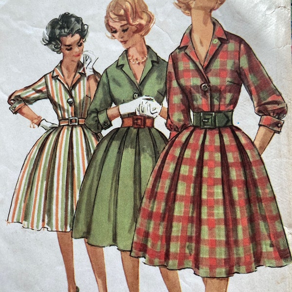 Simplicity 3580 / Misses' One-Piece Dress with Notch Trimmed Collar and Pleated Skirt / Size 12 Bust 32 / 1950s Vintage Sewing Pattern