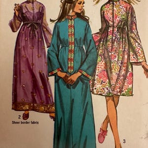May include: Three women's dresses with long sleeves and a high neckline. The dress on the left is purple with a gold trim. The dress in the middle is teal with a gold and red trim. The dress on the right is a floral print with a white background. The text "Sheer border fabric" is written below the dresses.