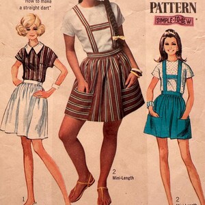 May include: Vintage sewing pattern featuring illustrations of three mini-length dresses. The pattern includes instructions for two figure types and ten sizes. The text includes "How to make a straight dart" and "Simple-to-Sew".