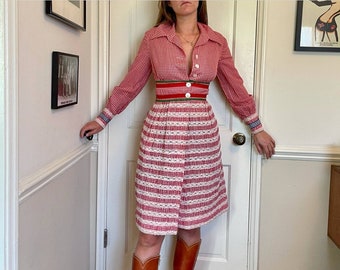 70s Vintage Red Gingham and Lace Dress