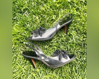 50s Vintage Schwarz Satin Klar Slingback Peep Toe Pumps W Perlen Blume