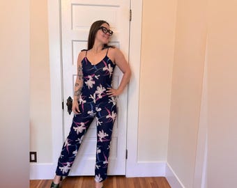 70s Vintage Fredricks of Hollywood Blue Floral Disco Jumpsuit Sz M-L
