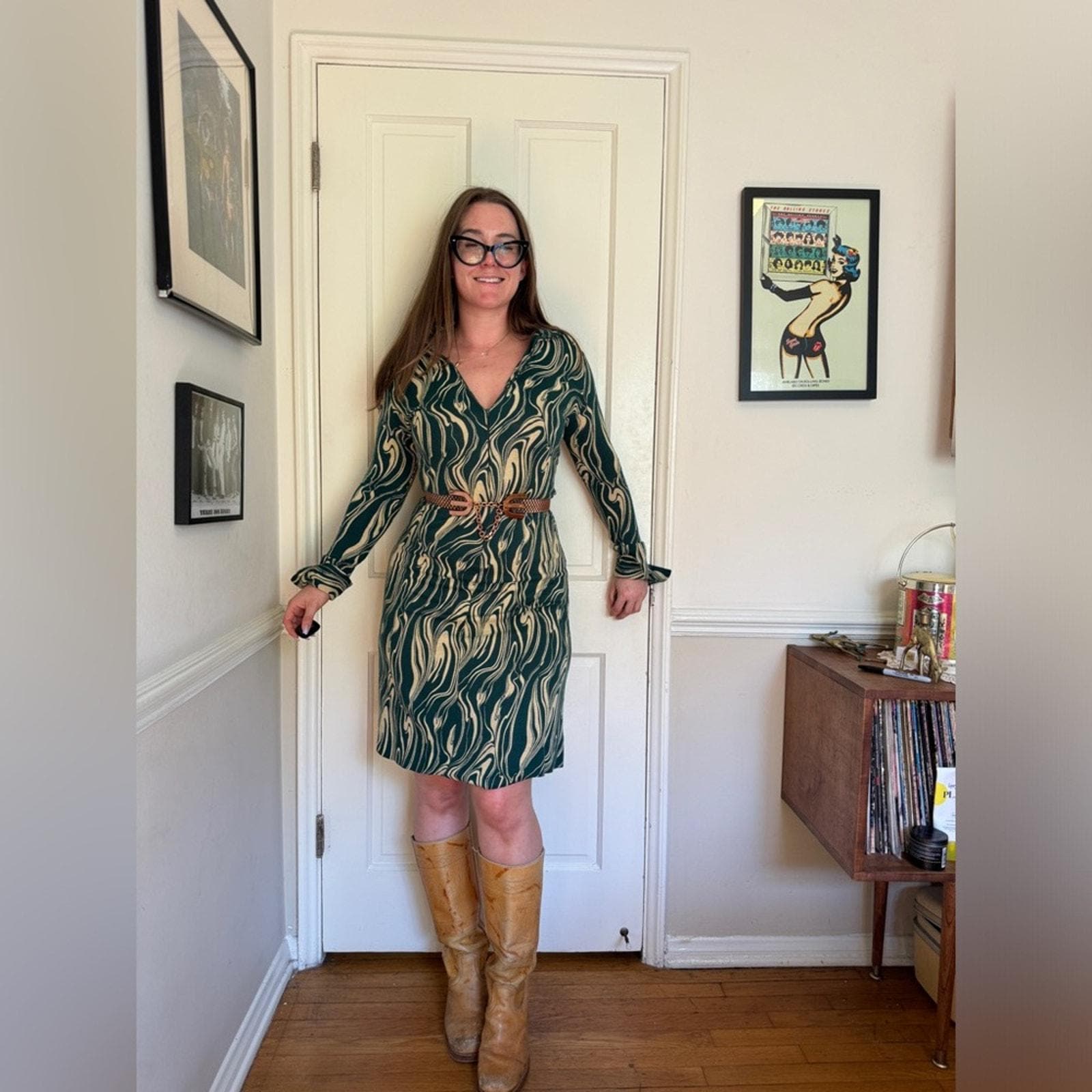 70s Vintage Diane Von Furstenberg Green and Cream Paint Swirl