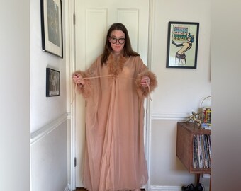 60s Vintage Dusty Rose Nylon Floor Length Peignoir Set w Marabou Feather Trim