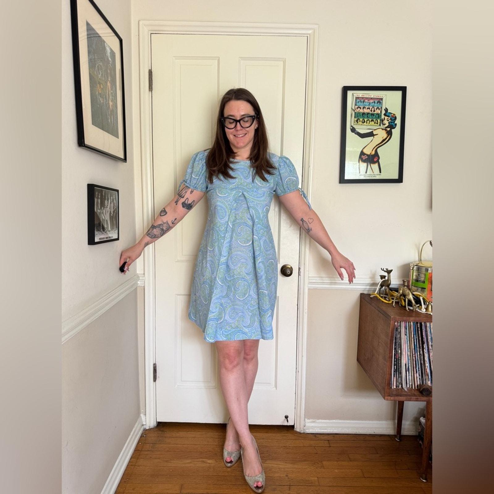 60s Vintage Renaissance Revival Blue Paisley Babydoll Mini Dress