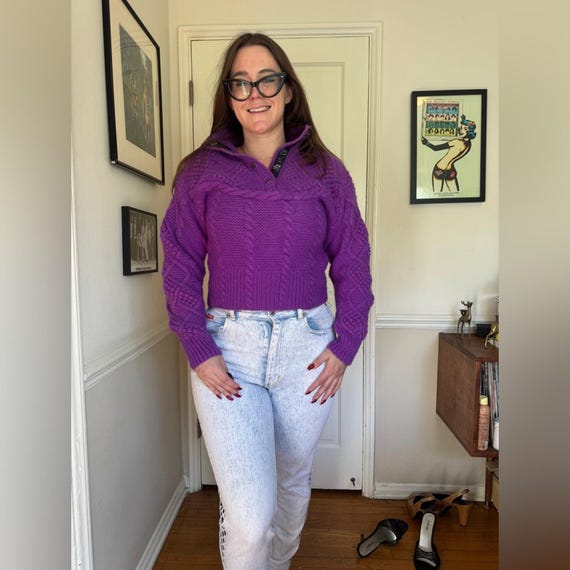 80s Vintage Purple Wool Cable Knit Sweater