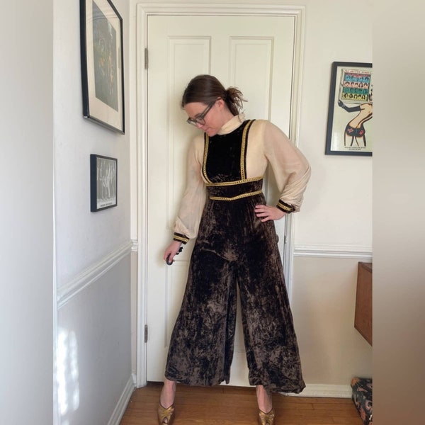 70s Vintage Brown Velvet Jumpsuit