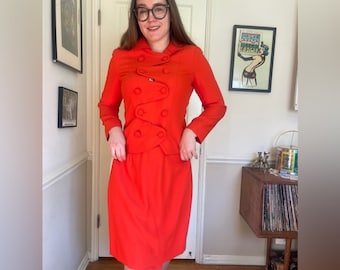 Vintage Bright Orange Two Piece Skirt Suit with Unique Buttons