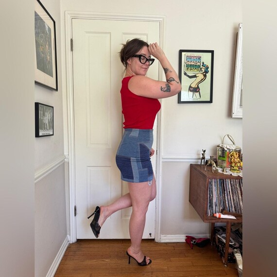 70s Vintage Faux Denim High Waisted Patchwork sho… - image 2