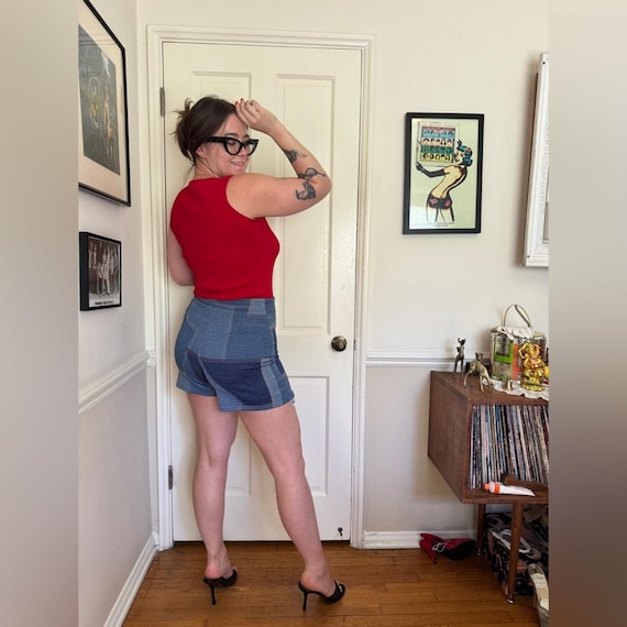 70s Vintage Faux Denim High Waisted Patchwork sho… - image 3