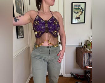 Y2K Vintage Purple Beaded Butterfly Top