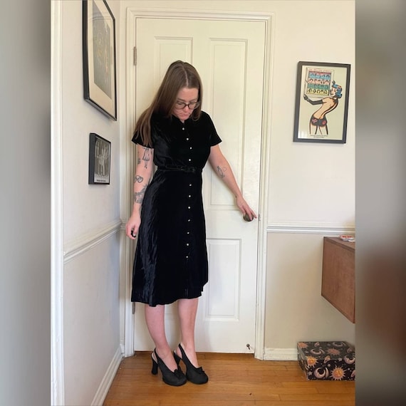 40s Vintage Black Silk Velvet Shirt Dress