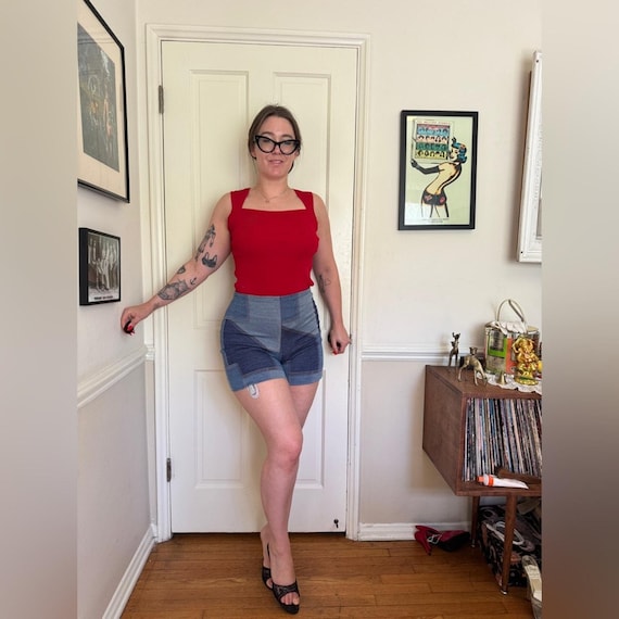 70s Vintage Faux Denim High Waisted Patchwork sho… - image 1