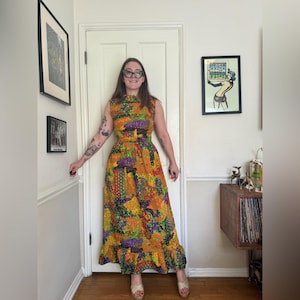 70s Vintage Funky Bright Patchwork Maxi Dress Prairie Style