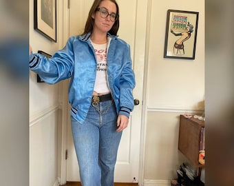 70s-80s Vintage Baby Blue Nylon Satin Construction Bomber