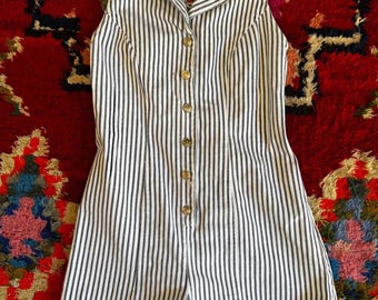 90s Vintage White and Blue Striped Denim Romper Sz Sm
