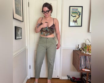 Vintage Herringbone Twill Green Cargo Pants w Dual button Fly