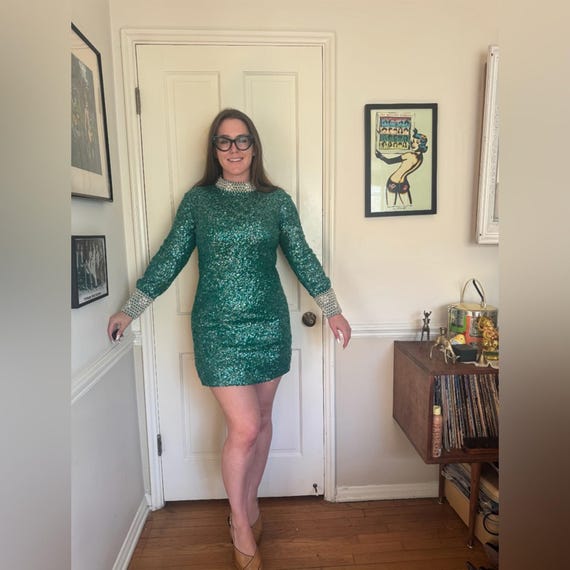 green wiggle dress 70s Vintage Sequin parent-type-dresses