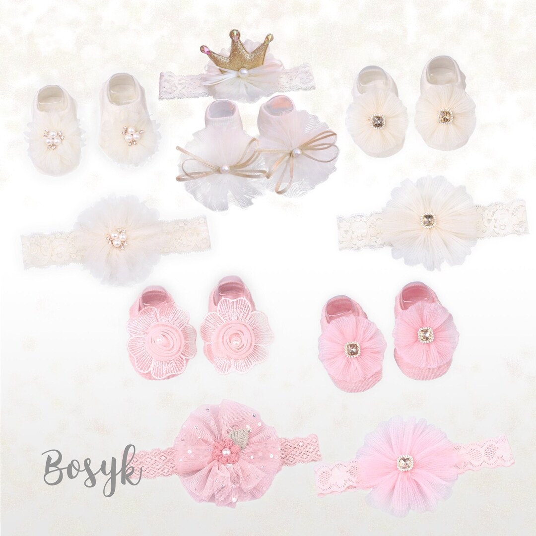 Set Cute Ivory White and Light Pink Socks and Headbands Baby Girl Shoes