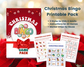 Printable Christmas Bingo Game Pack for Kids and Adults! Holiday Fun with Christmas Clue, Picture and Song Bingo Versions - Instant Download