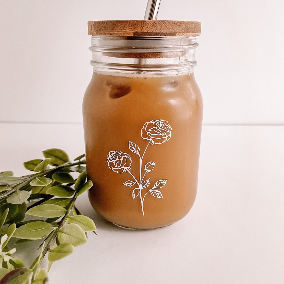 Rose Stem Mason Jar 16oz Iced Coffee Mason Jar Vinyl Labeled Etsy