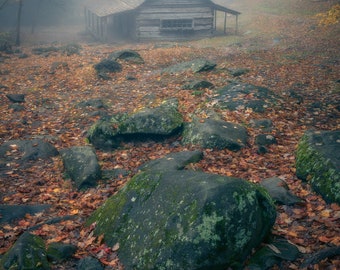 Great Smokey Mountain NP Bud Ogles Cabin Digital Download, Autumn Homestead, Cabin Art Print, Rustic Decor, Farmhouse Decor, Tennessee Woods