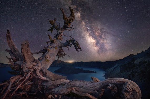 Crater Lake with Milky Way Metal Print, Nightscape Photograph, Milk Way Print, Metal Wall Art, Landscape Photograph, National Park Art