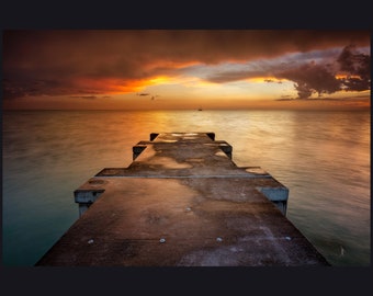 Sunset at Longboat Key Pier Metal Print, Florida Beaches, Sunset, Fishing Pier Bradenton, Stormy Skies, Oceanview Photography,Nautical Decor