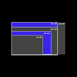 Puede incluir: Un diagrama que muestra diferentes tama&ntilde;os de rect&aacute;ngulos. El rect&aacute;ngulo m&aacute;s grande es de 24 pulgadas por 36 pulgadas, el siguiente m&aacute;s grande es de 20 pulgadas por 30 pulgadas, el siguiente es de 16 pulgadas por 24 pulgadas y el m&aacute;s peque&ntilde;o es de 12 pulgadas por 18 pulgadas.