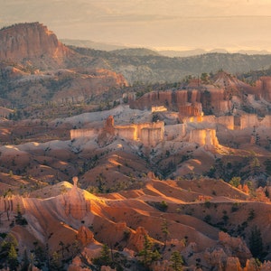 May include: A panoramic view of a canyon with red rock formations and a hazy sky. The canyon is covered in a variety of vegetation, including trees and shrubs. The sun is setting in the distance, casting a warm glow over the landscape.