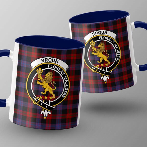 Scottish Clan Broun Crest Mug, Heraldic Lion Coffee Cup, Unique Scotland Heritage Gift, Tartan Background Drinkware