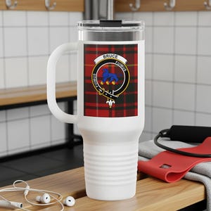 Bruce Clan Crest, Scottish Tartan, Insulated 40oz Travel tumbler, Heritage Gift, Ancestry, Gift for Him, Gift for Her, Family Reunion