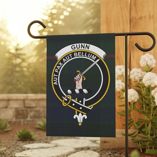 Gunn Ancient Tartan Crest Black Garden Flag - Gold Thistle Style