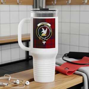Lindsay Clan Crest Tartan 40oz Travel Tumbler, Scottish Heritage Tumbler, Genealogy Gift, Christmas gift, Birthday gift, Ancestry gift