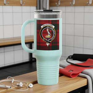 Macquarrie Clan Crest, Tartan Insulated 40oz Travel Tumbler, Scottish Heritage Gift, Family Reunion, Birthday gift, Gift for him, her