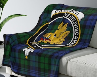 Clan Campbell Scottish Tartan Crest Blanket, Scottish Clan Gift, Soft Tartan Blanket, Scottish Roots Plaid Blanket