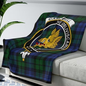 Clan Campbell Scottish Tartan Crest Blanket, Scottish Clan Gift, Soft Tartan Blanket, Scottish Roots Plaid Blanket