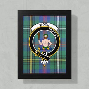 Wood Clan Crest Framed Poster, Scottish Tartan Art, Family Heritage Decor, Scotland Wall Art, Genealogy Gift, Unique Ancestry Print
