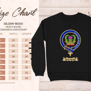 Gildan 18000 sweatshirt size chart with MacAlpin clan crest.