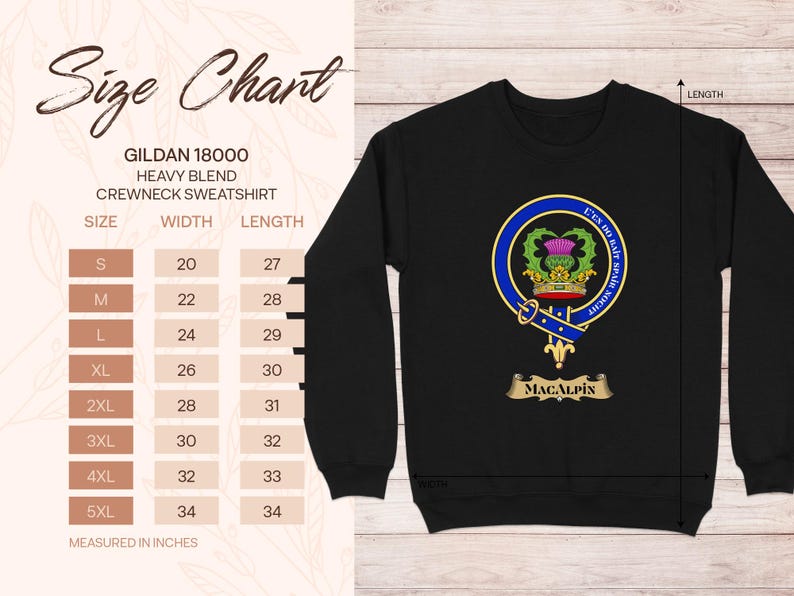 Gildan 18000 sweatshirt size chart with MacAlpin clan crest.
