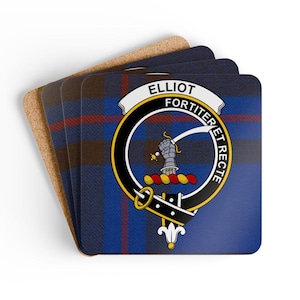 Elliot Coaster Set: Scottish Clan Crest, Tartan Pattern, Family Heritage