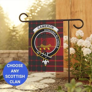 Cameron Scottish Clan Garden Flag, Clan Crest on Tartan Background, Outdoor Decor, Scottish Heritage, Clan Pride, Garden Decoration
