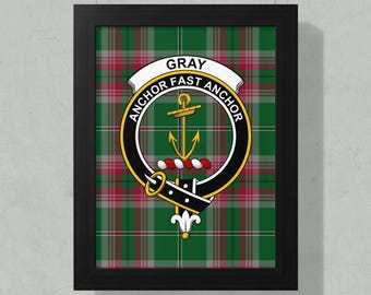 Poster incorniciato con stemma del clan Gray, arte scozzese in tartan, decorazione del patrimonio familiare, regalo di ascendenza, orgoglio scozzese, arte murale unica, arredamento per la casa