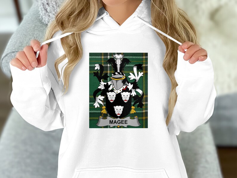 Irish Magee Family Crest on National Tartan, Custom Coat of Arms Hoodie ...