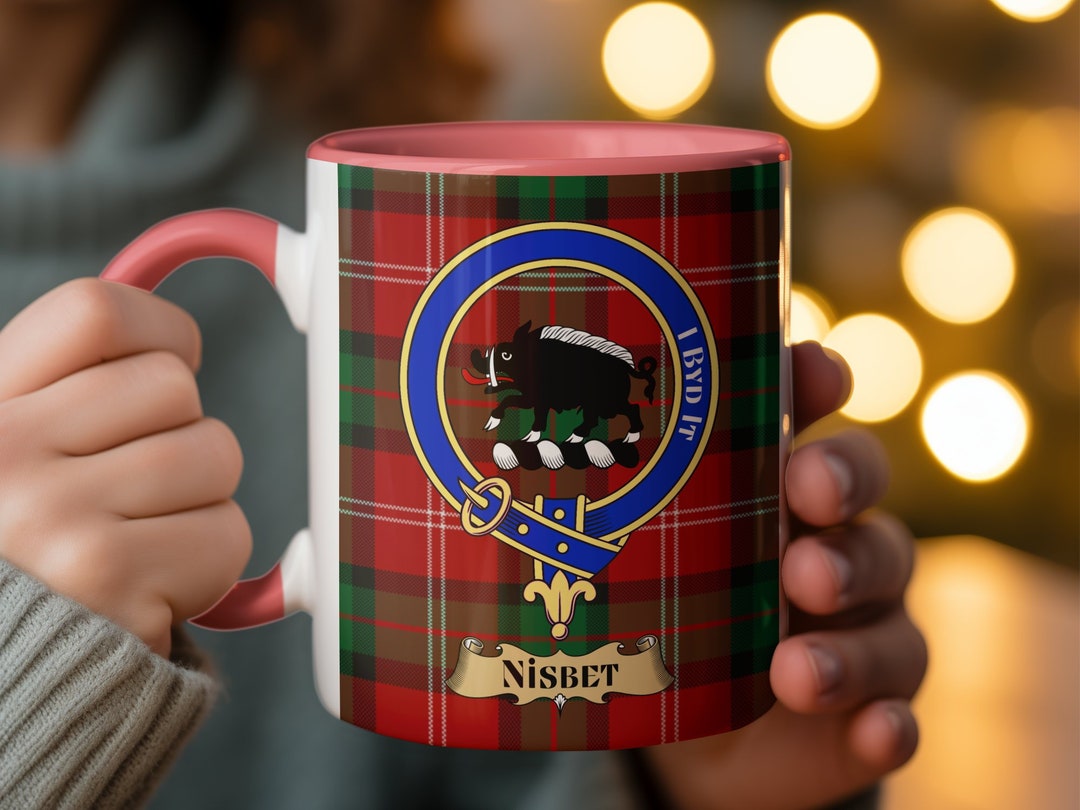 Scottish Clan Nisbet Crest Mug, Traditional Tartan Pattern Coffee Cup