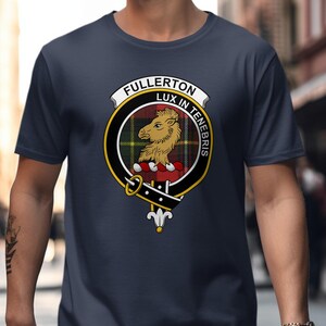 Fullerton clan crest with motto "Lux in Tenebris" on a dark t-shirt.