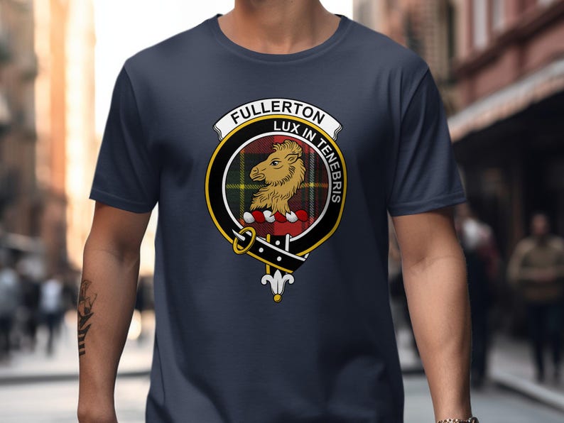 Fullerton clan crest with motto "Lux in Tenebris" on a dark t-shirt.