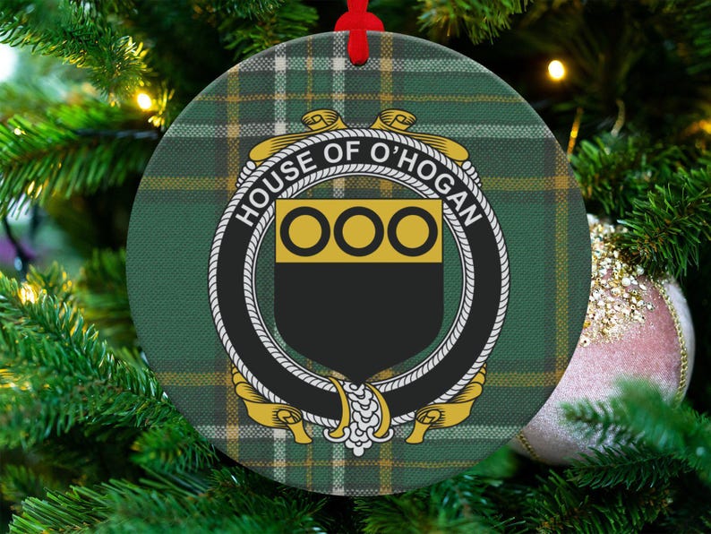 Hogan Family Crest Christmas Ornament, Irish Tartan Background Coat of